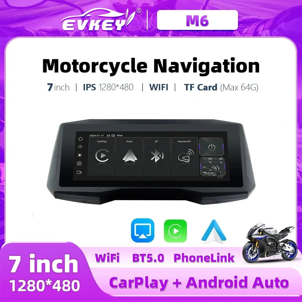 Introducing the GPS Screen with CarPlay & Android for Motorcycles. This advanced device offers wireless connectivity, mobile screen mirroring, expandable storage up to 64GB, a 7.0-inch touch screen, dual Bluetooth support, and multilingual interface. It'..