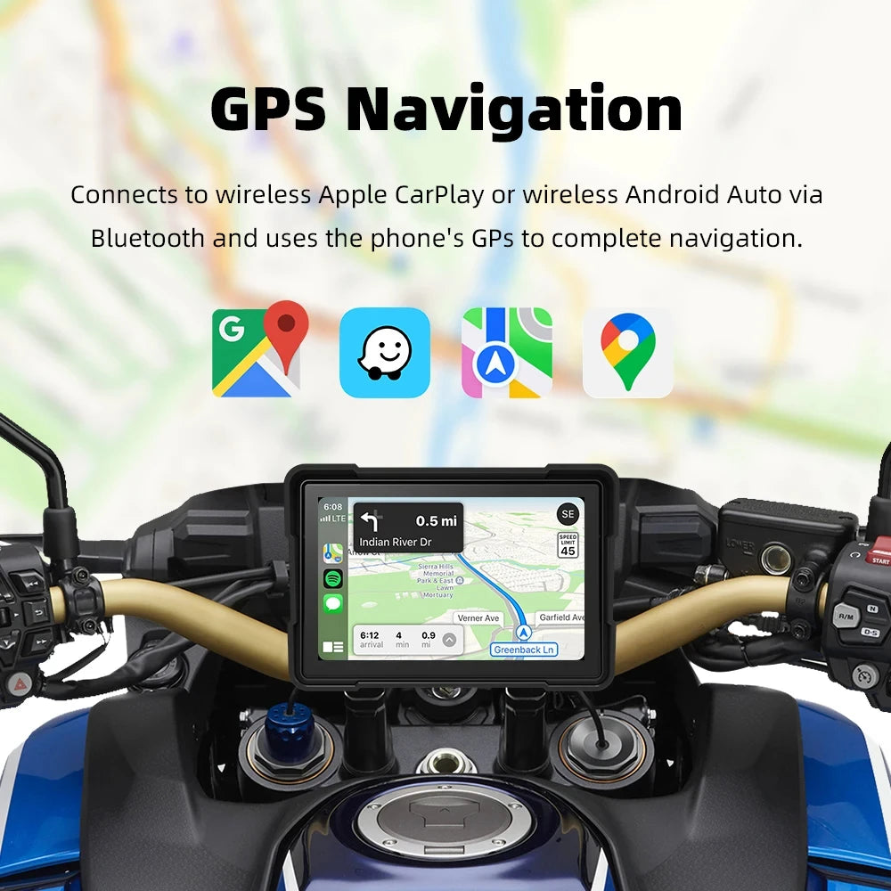 Introducing the Waterproof CarPlay & Android Screen for Motorcycles, a wireless connectivity device that seamlessly integrates with mobile devices, offering mobile screen mirroring, expandable storage up to 64GB, and a durable, anti-theft design with an ..