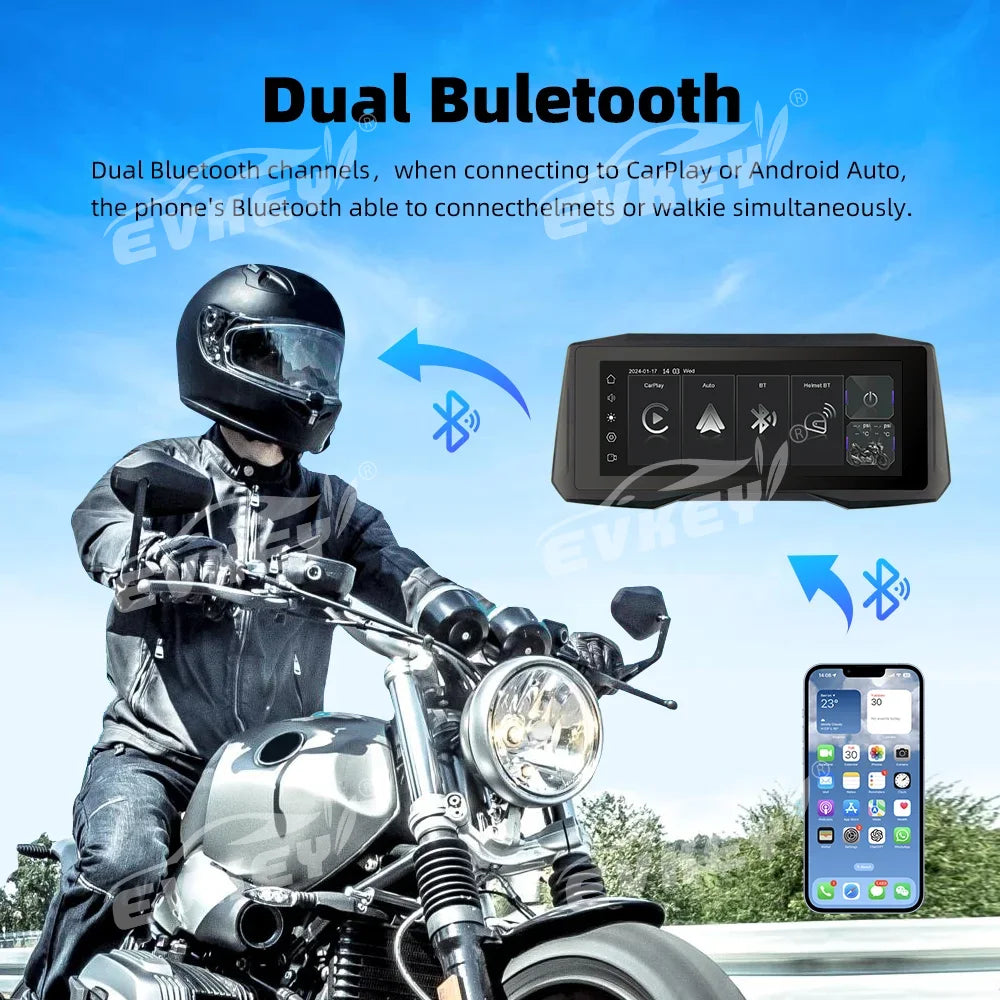 Introducing the GPS Screen with CarPlay & Android for Motorcycles. This advanced device offers wireless connectivity, mobile screen mirroring, expandable storage up to 64GB, a 7.0-inch touch screen, dual Bluetooth support, and multilingual interface. It'..