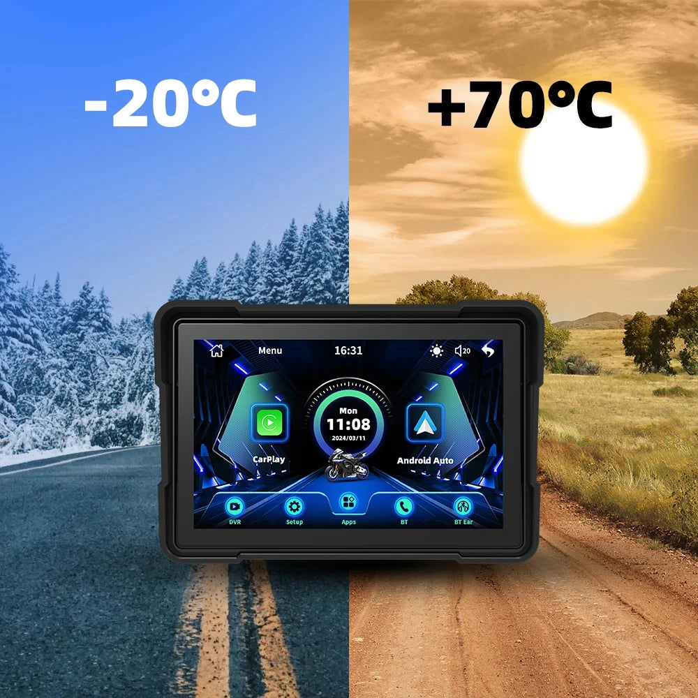 Introducing the Waterproof CarPlay & Android Screen for Motorcycles, a wireless connectivity device that seamlessly integrates with mobile devices, offering mobile screen mirroring, expandable storage up to 64GB, and a durable, anti-theft design with an ..