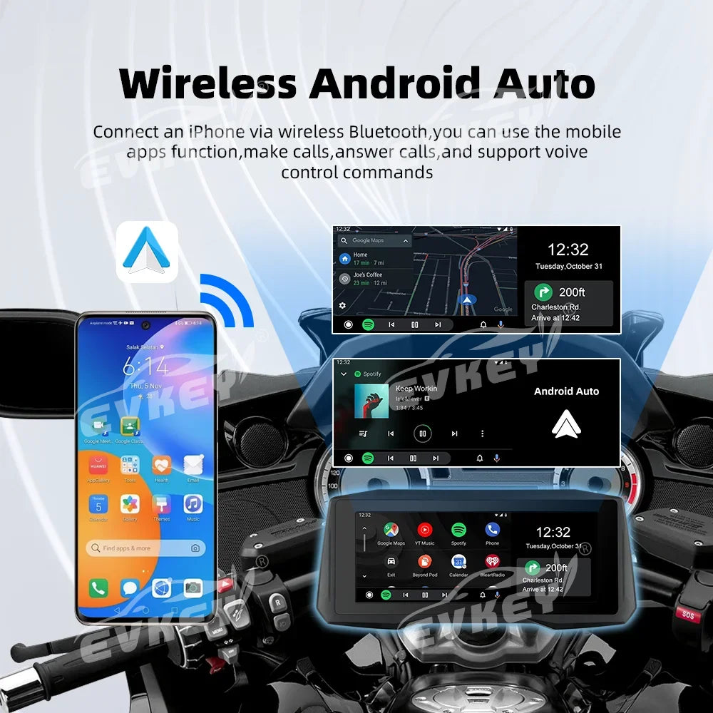 Introducing the GPS Screen with CarPlay & Android for Motorcycles. This advanced device offers wireless connectivity, mobile screen mirroring, expandable storage up to 64GB, a 7.0-inch touch screen, dual Bluetooth support, and multilingual interface. It'..