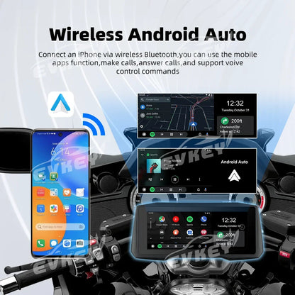 Introducing the GPS Screen with CarPlay & Android for Motorcycles. This advanced device offers wireless connectivity, mobile screen mirroring, expandable storage up to 64GB, a 7.0-inch touch screen, dual Bluetooth support, and multilingual interface. It'..