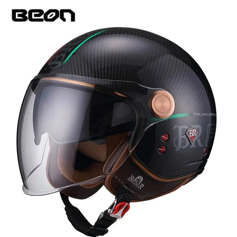 BEON BR20 Carbon Fiber Open Face Motorcycle Helmet, Retro, Double Lens Visor