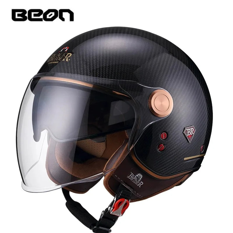 BEON BR20 Carbon Fiber Open Face Motorcycle Helmet, Retro, Double Lens Visor