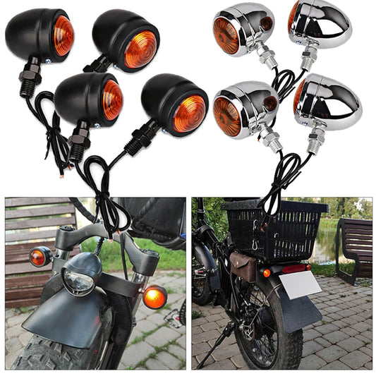 Universal 12V Retro Turn Signal Lights for Motorcycles - Set of 4