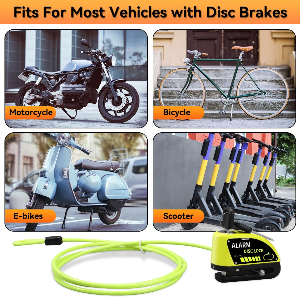 Introducing the 110dB Anti-Theft Disc Lock with Alarm for Motorcycles, a durable and secure lock crafted from high-quality aluminum alloy. With a 120dB alarm, it offers enhanced security for your bike. Rechargeable in just 70 minutes, it provides 5-6 mon..