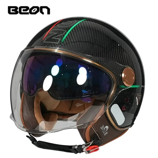 BEON BR20 Carbon Fiber Open Face Motorcycle Helmet, Retro, Double Lens Visor