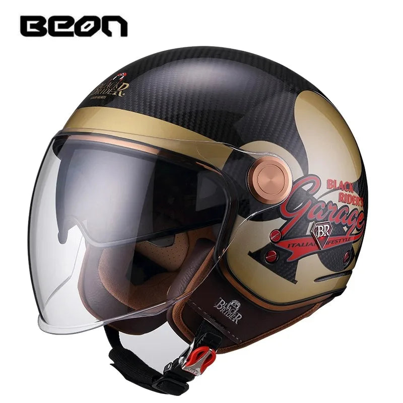 BEON BR20 Carbon Fiber Open Face Motorcycle Helmet, Retro, Double Lens Visor