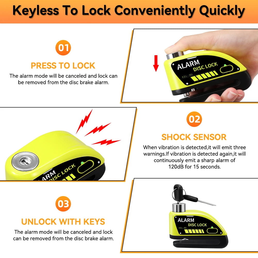 Introducing the 110dB Anti-Theft Disc Lock with Alarm for Motorcycles, a durable and secure lock crafted from high-quality aluminum alloy. With a 120dB alarm, it offers enhanced security for your bike. Rechargeable in just 70 minutes, it provides 5-6 mon..