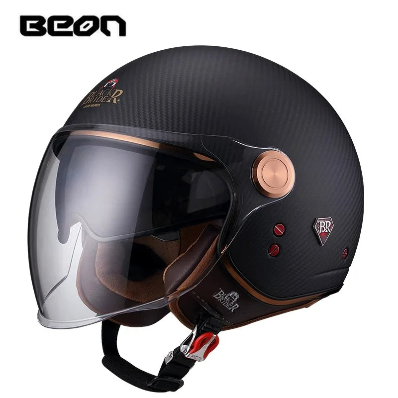 BEON BR20 Carbon Fiber Open Face Motorcycle Helmet, Retro, Double Lens Visor