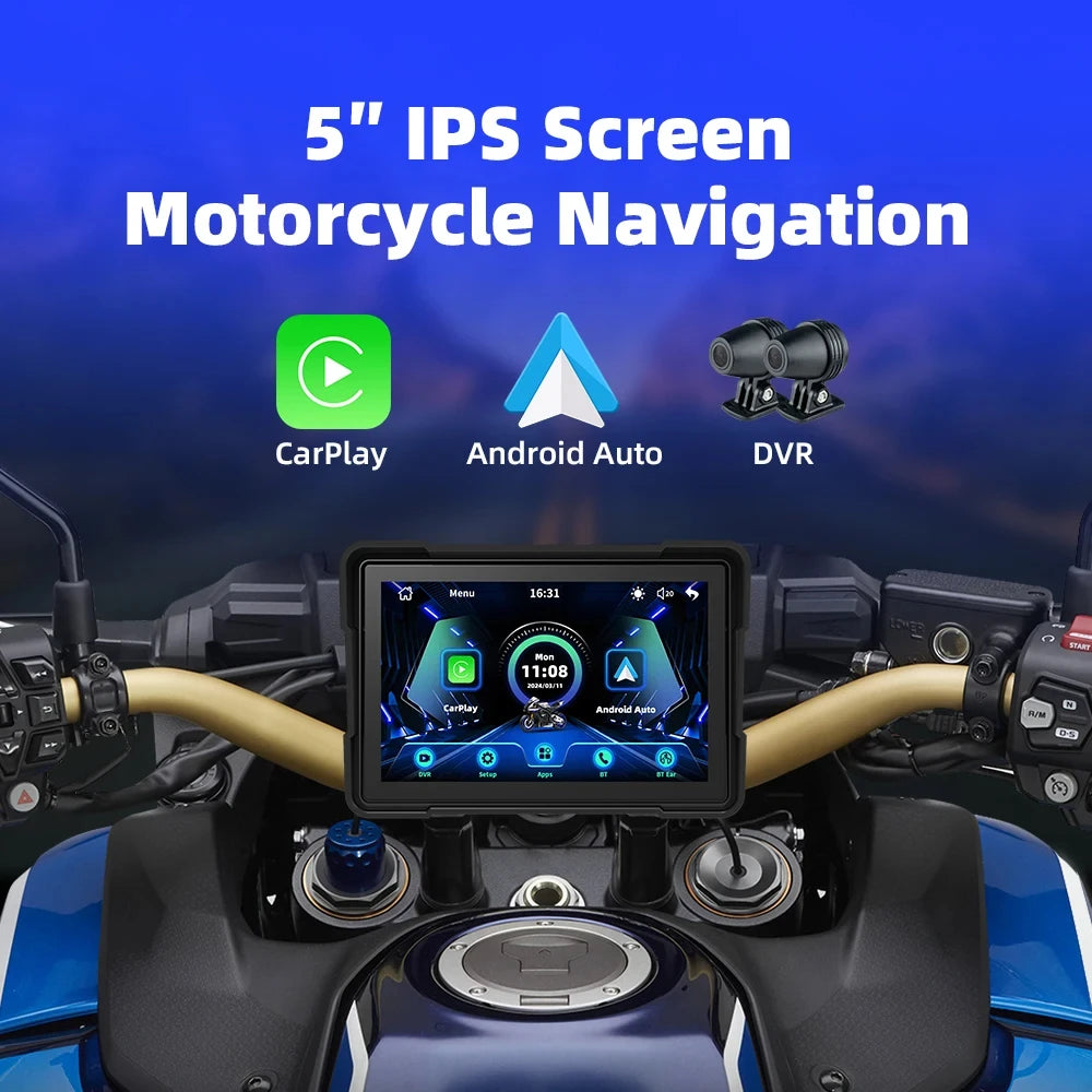 Introducing the Waterproof CarPlay & Android Screen for Motorcycles, a wireless connectivity device that seamlessly integrates with mobile devices, offering mobile screen mirroring, expandable storage up to 64GB, and a durable, anti-theft design with an ..