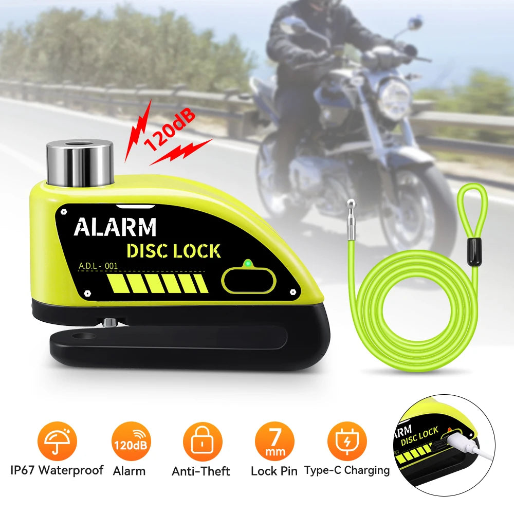 Introducing the 110dB Anti-Theft Disc Lock with Alarm for Motorcycles, a durable and secure lock crafted from high-quality aluminum alloy. With a 120dB alarm, it offers enhanced security for your bike. Rechargeable in just 70 minutes, it provides 5-6 mon..