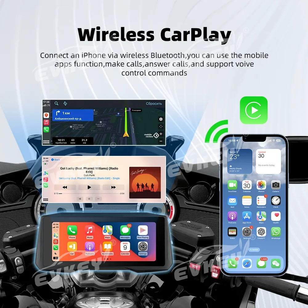 Introducing the GPS Screen with CarPlay & Android for Motorcycles. This advanced device offers wireless connectivity, mobile screen mirroring, expandable storage up to 64GB, a 7.0-inch touch screen, dual Bluetooth support, and multilingual interface. It'..