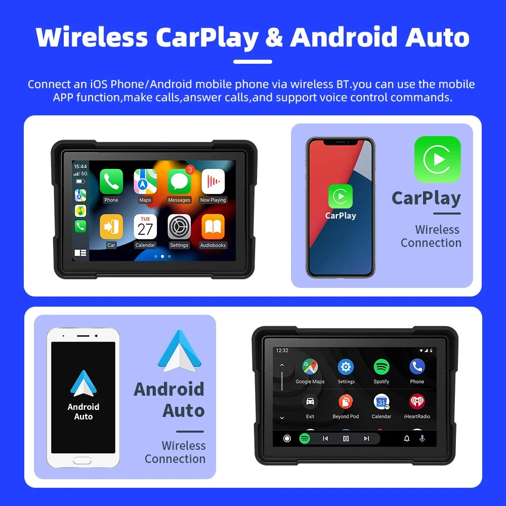 Introducing the Waterproof CarPlay & Android Screen for Motorcycles, a wireless connectivity device that seamlessly integrates with mobile devices, offering mobile screen mirroring, expandable storage up to 64GB, and a durable, anti-theft design with an ..